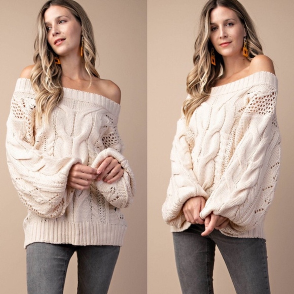 Cozy Mocha Cable Knit off shoulder Sweater Top - Picture 3 of 5